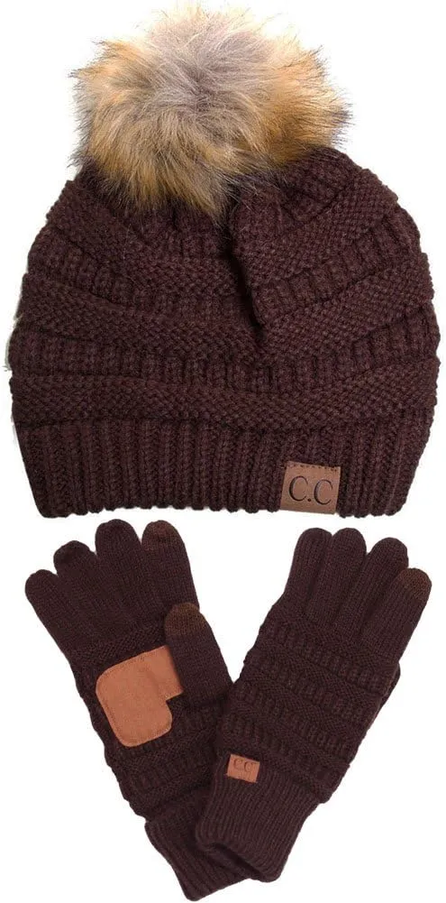 2pc Winter Warm Soft Stretch Cable Knit Faux Fur Pom Pom Beanie with Matching Gloves Set