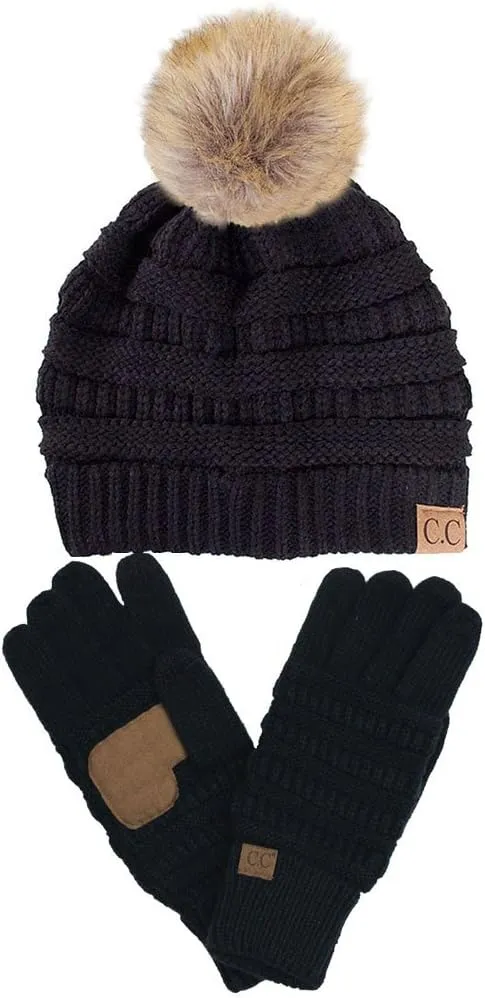 2pc Winter Warm Soft Stretch Cable Knit Faux Fur Pom Pom Beanie with Matching Gloves Set