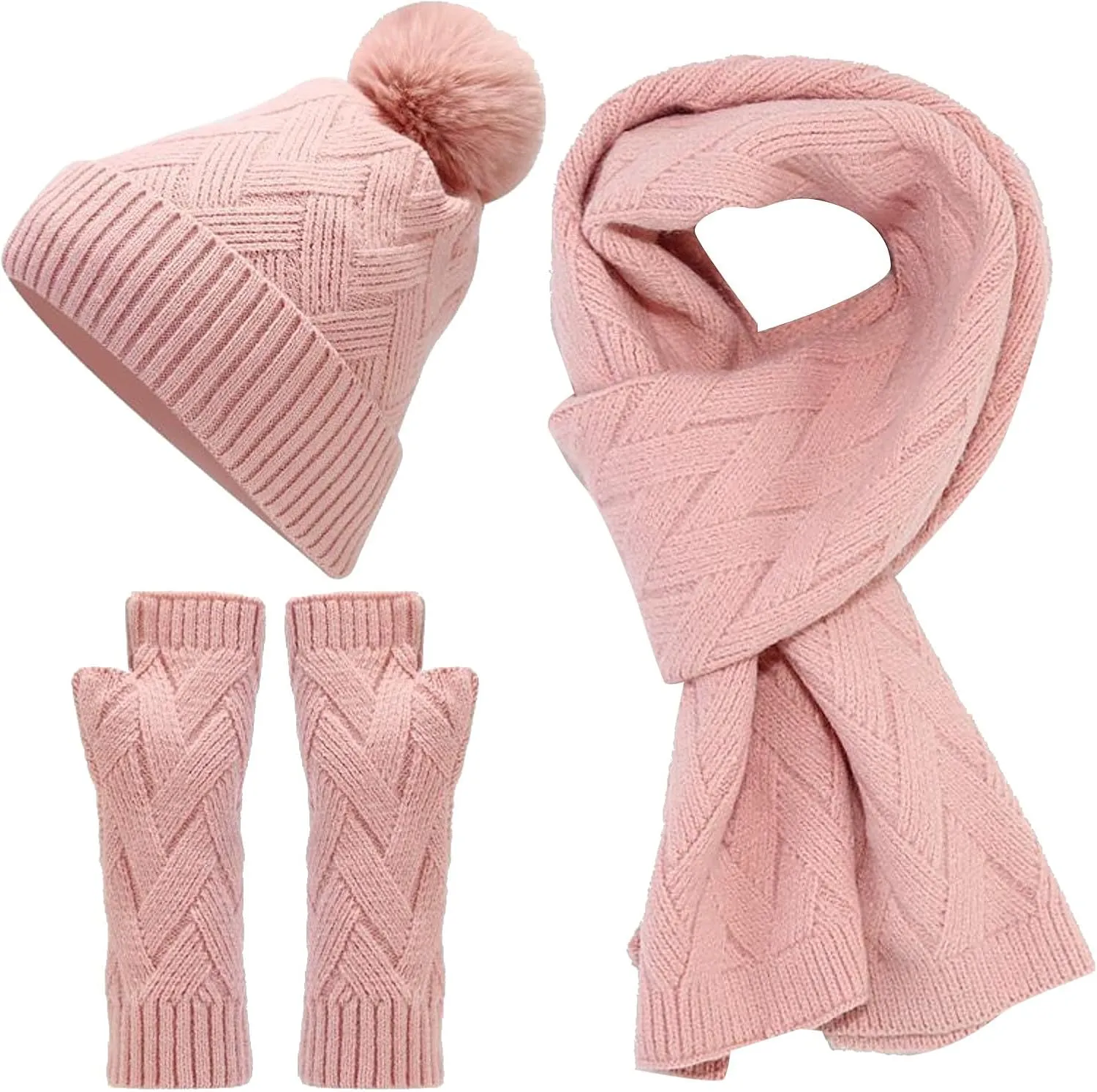 3 in 1 Set Women Men Beanie Scarf Gloves Set Fleece Lined Pom Pom Beanie Warm Knit Long Scarf Gloves for Cold Weather