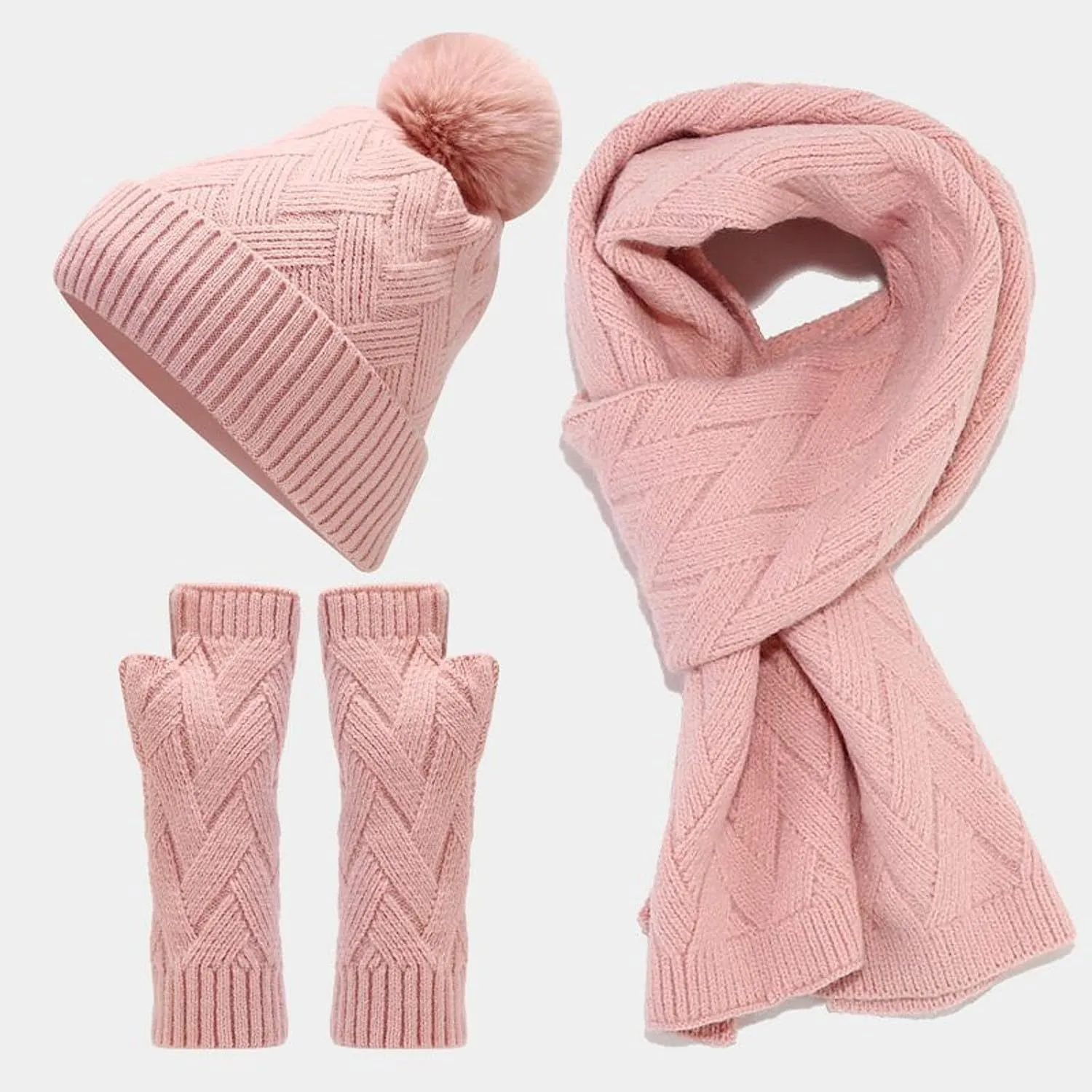 3 in 1 Set Women Men Beanie Scarf Gloves Set Fleece Lined Pom Pom Beanie Warm Knit Long Scarf Gloves for Cold Weather