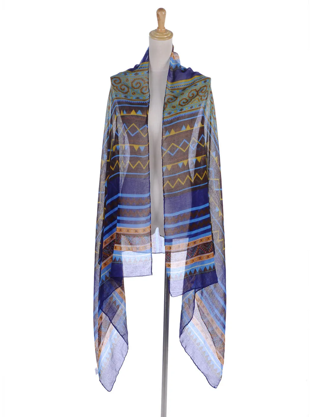 Blue Boho Tribal Ethnic Geometric Semi Sheer Scarf