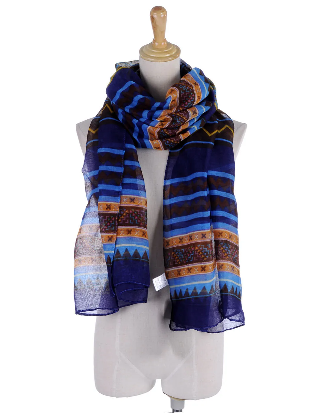 Blue Boho Tribal Ethnic Geometric Semi Sheer Scarf