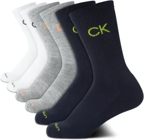 Calvin Klein Boys' Crew Socks - 6 Pack Stretch Performance Cushioned Comfort Mid Calf Athletic Socks with Arch Support