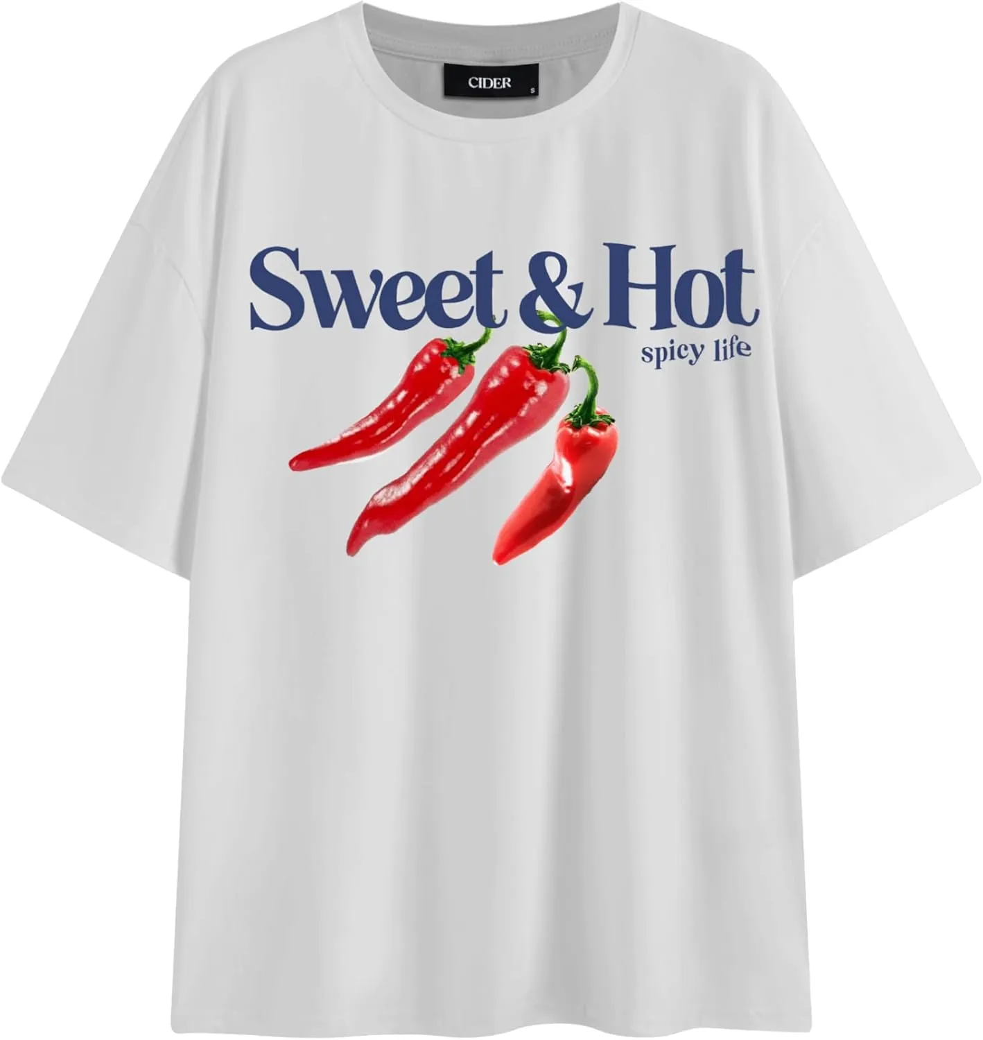 CIDER Graphic Tees for Women Crew Neck Abstract Pattern Oversized Fit Sweet & Hot Short Sleeve Tee Shirt