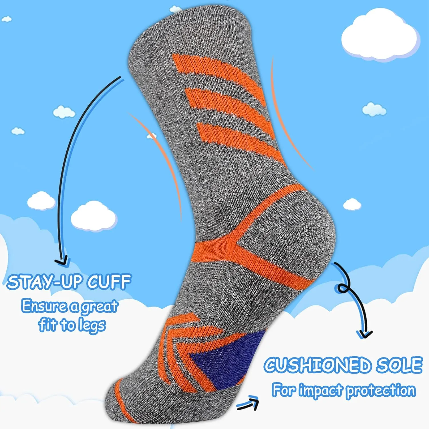 Comfoex Boys Crew Socks Athletic Long Cotton Socks For Kids Half Cushioned Calf Sports Socks 6 Pairs