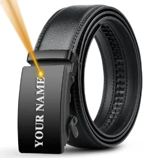 Engrave Name and Logo Personalized Automatic Buckle Leather Belts 130 140 150 160 170cm Large Plus Size Men Belt Father's Day Gift, Black