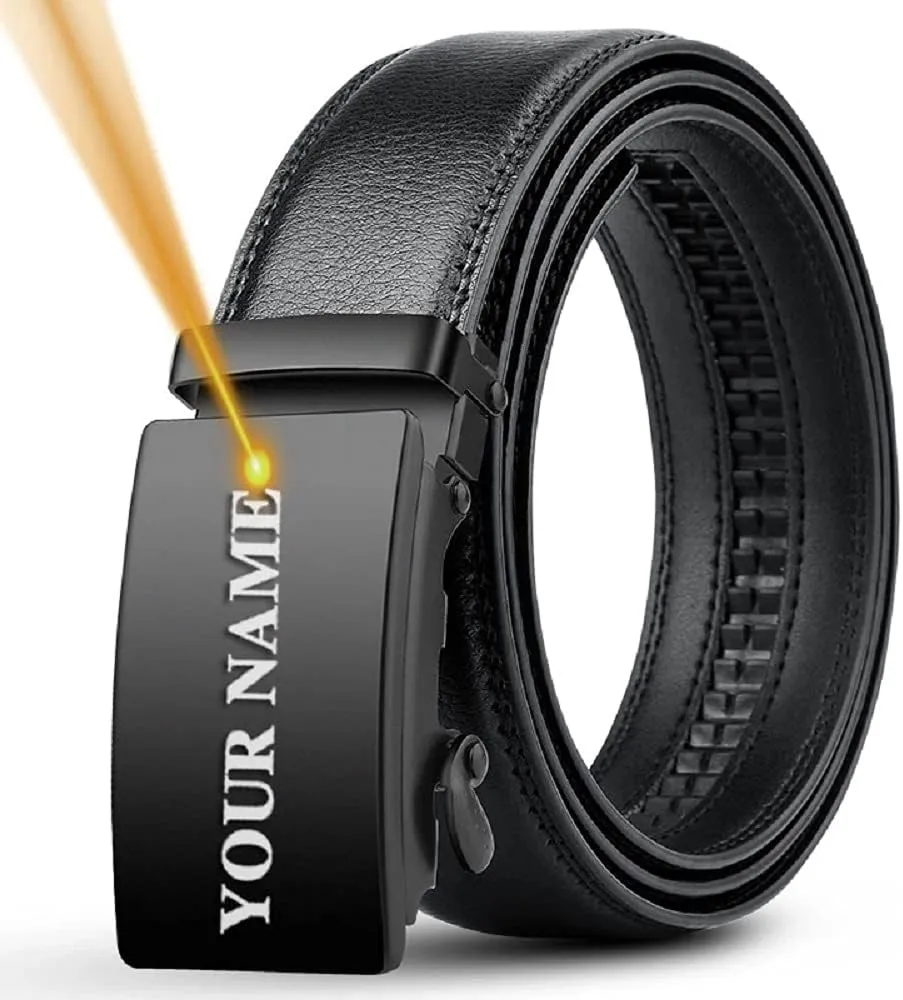 Engrave Name and Logo Personalized Automatic Buckle Leather Belts 130 140 150 160 170cm Large Plus Size Men Belt Father's Day Gift, Black