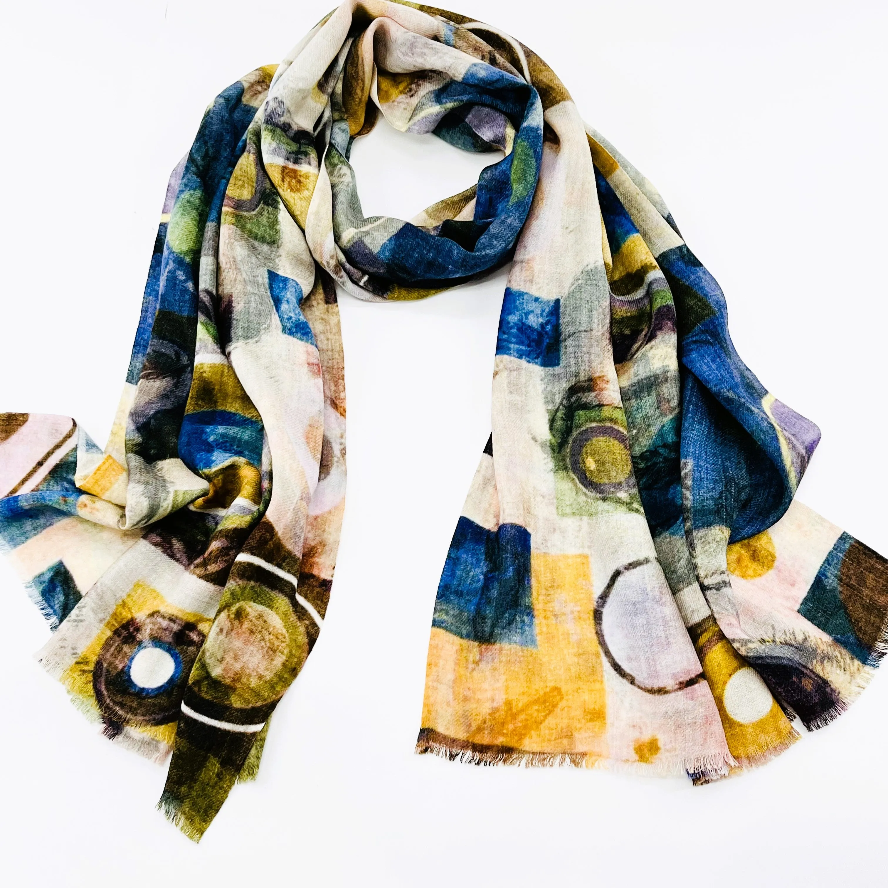 Fine Wool Silk Blend Scarves Blue Tones
