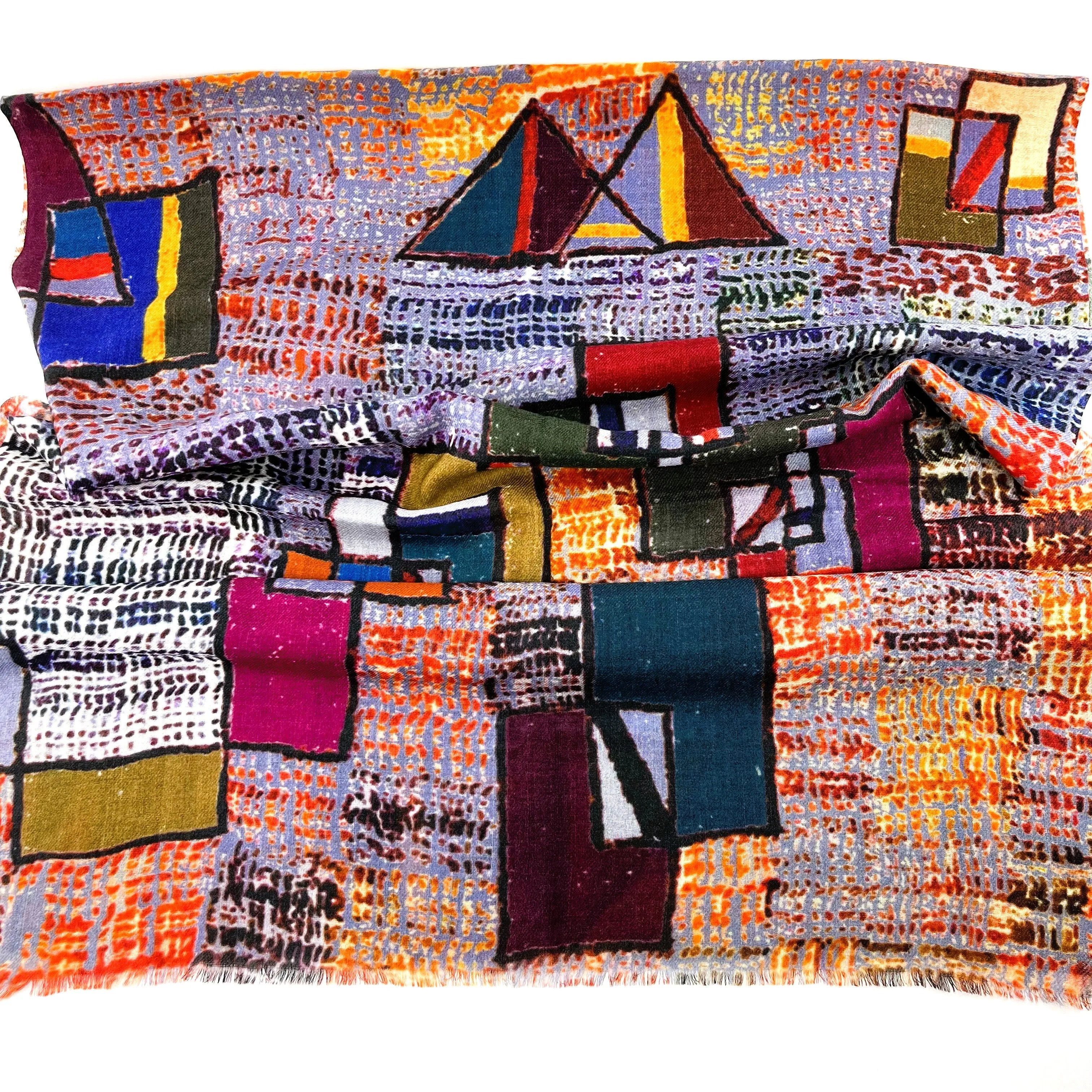 Fine Wool Silk Blend Scarves Bright Abstract