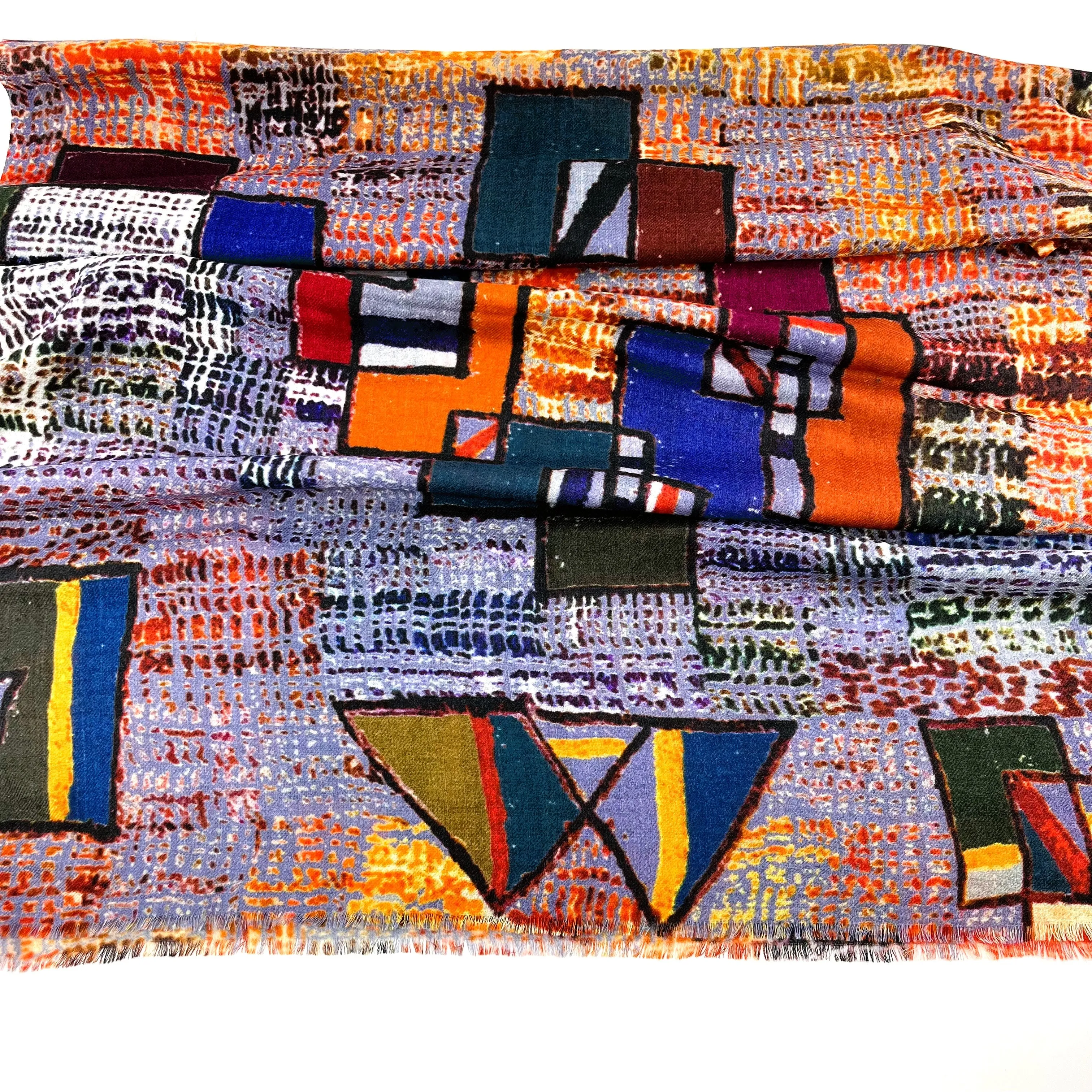 Fine Wool Silk Blend Scarves Bright Abstract