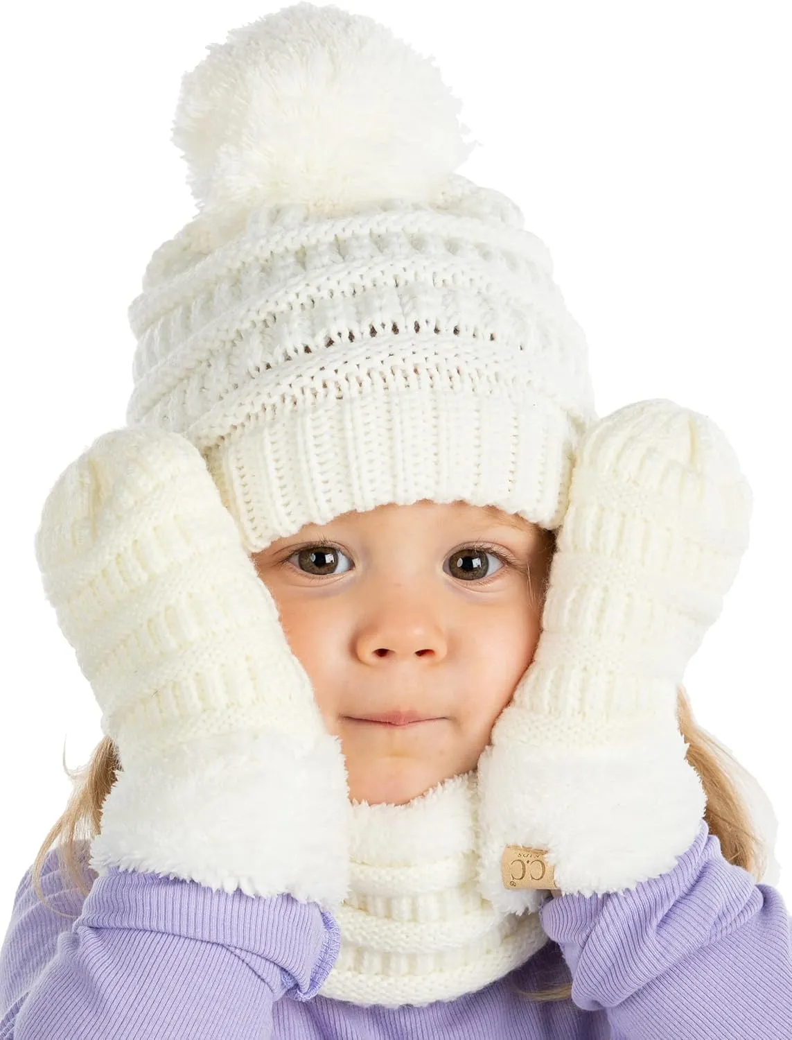 Funky Junque Kids Matching Neck Warmer Scarf Soft Fuzzy Cuff Gloves Mittens Ribbed Knit Pom Pom Beanie Bundle Boy Girl