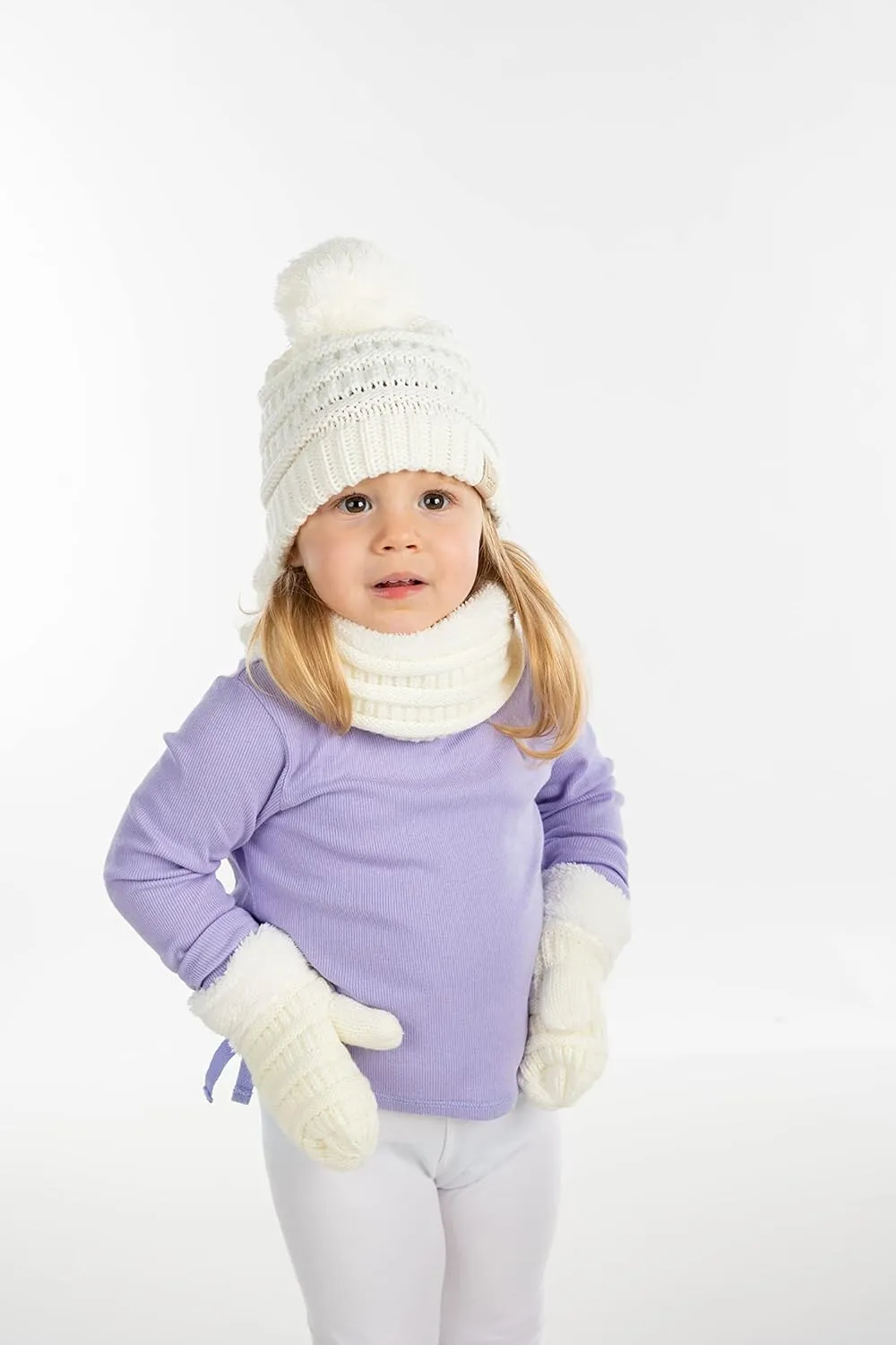 Funky Junque Kids Matching Neck Warmer Scarf Soft Fuzzy Cuff Gloves Mittens Ribbed Knit Pom Pom Beanie Bundle Boy Girl