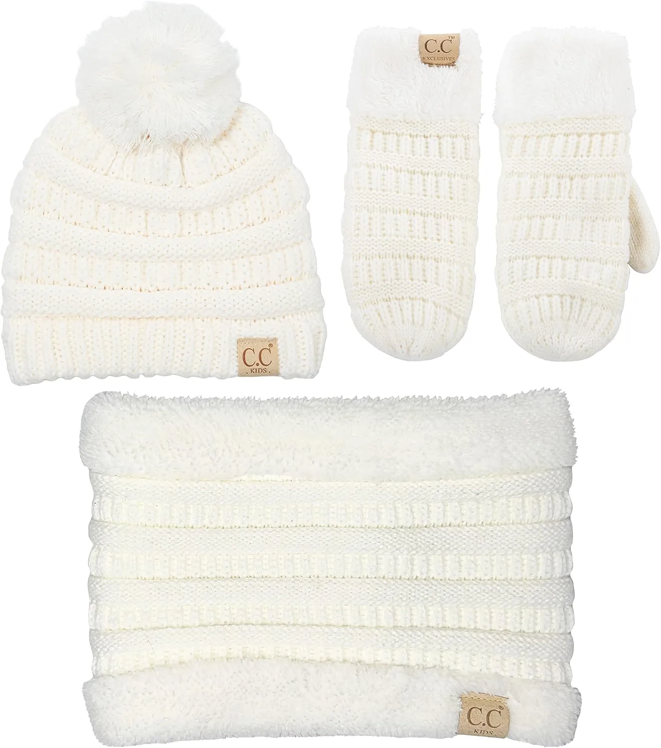 Funky Junque Kids Matching Neck Warmer Scarf Soft Fuzzy Cuff Gloves Mittens Ribbed Knit Pom Pom Beanie Bundle Boy Girl