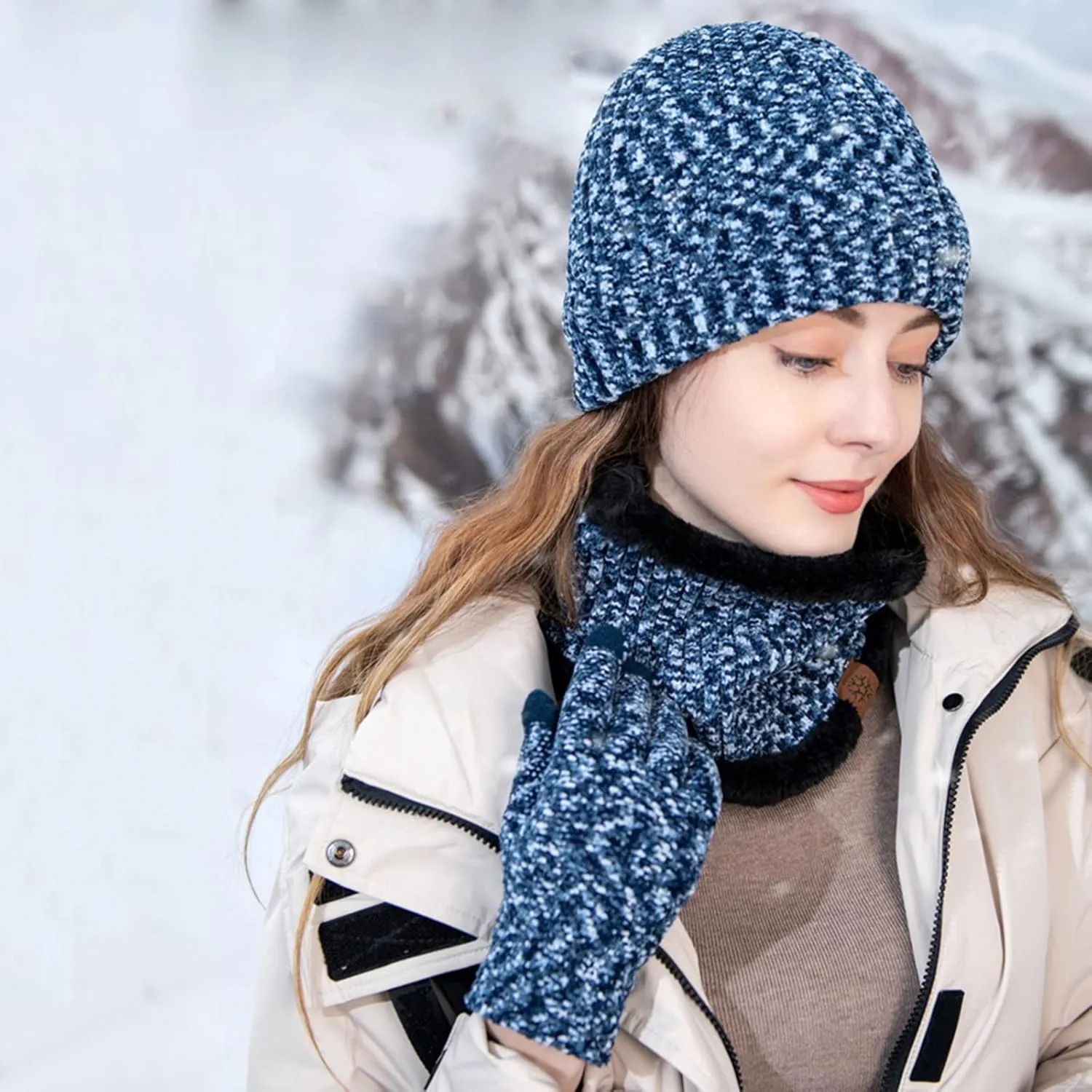 Hat Scarf Gloves Set Fleece Warm Knit Neck Warmer Wool Thermal Cap Outdoor Sport Ski Bike Mittens Men Hat Gloves