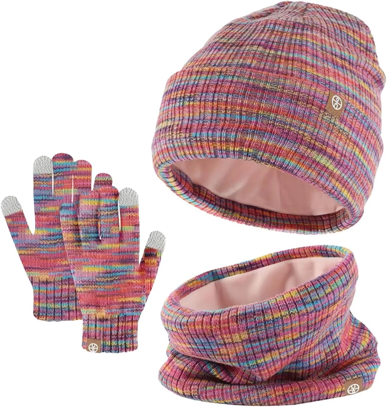 Kids Winter Hat Scarf Gloves Set - Thermal Knitted Beanie with Soft Fleece Neck Warmer for Children Aged 2-8