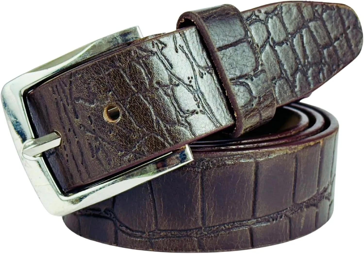 Leather Mens Genuine Leather Belt with Crocodile Pattern  Brown Embossed Dress Belt with Silver Buckle, 1.5 Wide, Classic Croc-Textured Formal and Casual AccessoryBelt with Crocodile Pattern