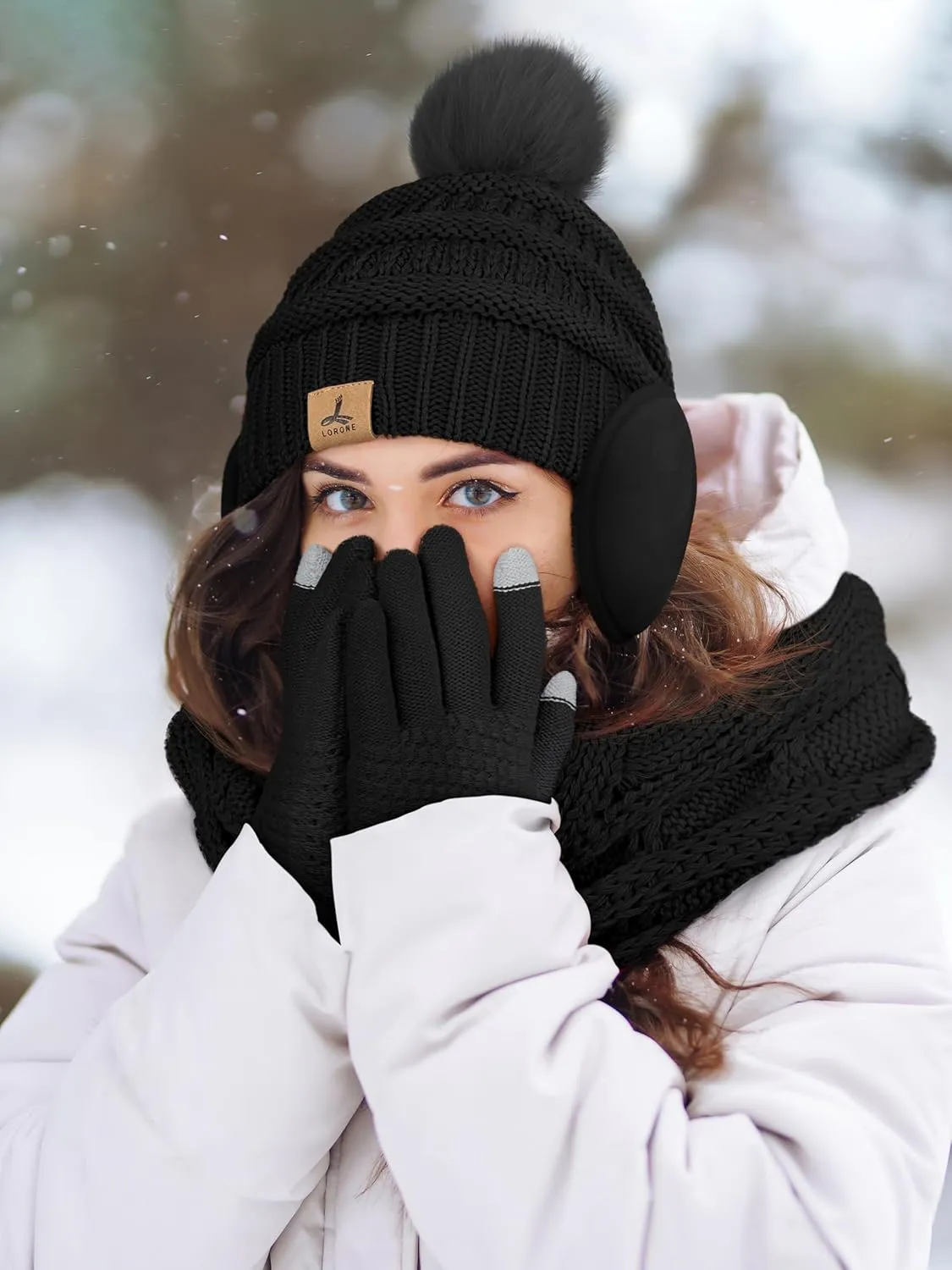 LOROME Winter Hat Scarf Earmuffs Gloves for Women, Touchscreen Gloves Beanie Hat Earmuffs Womens Scarves