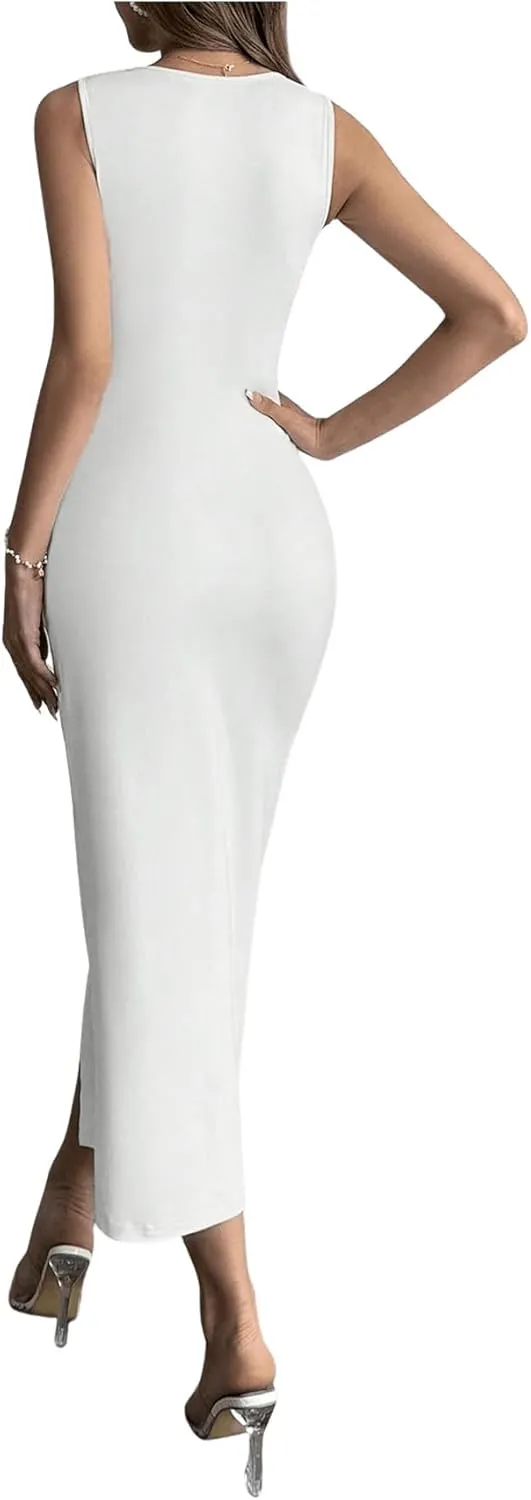 Milumia Women's Wrap Slit Midi Bodycon Dress Square Neck Sleeveless Wedding Guest Dresses