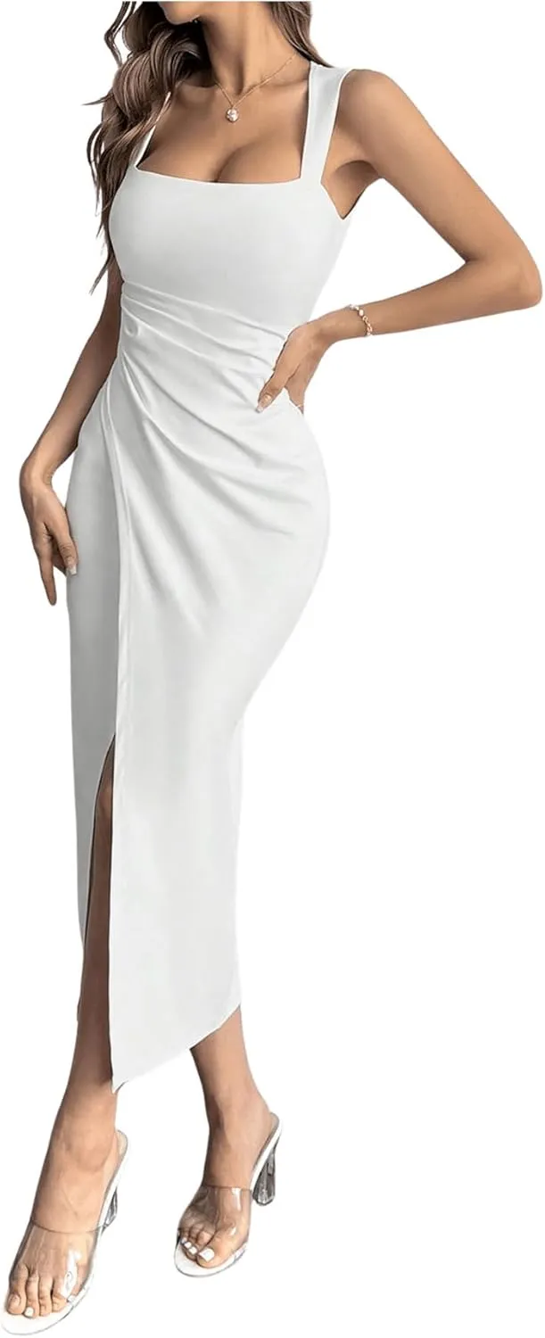 Milumia Women's Wrap Slit Midi Bodycon Dress Square Neck Sleeveless Wedding Guest Dresses