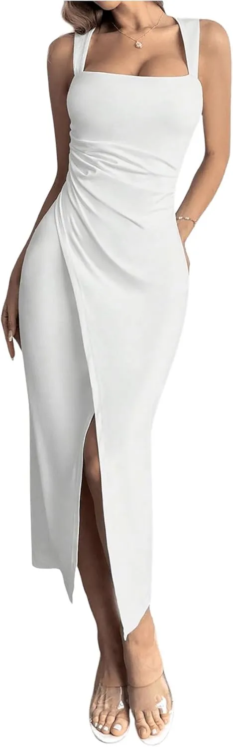 Milumia Women's Wrap Slit Midi Bodycon Dress Square Neck Sleeveless Wedding Guest Dresses
