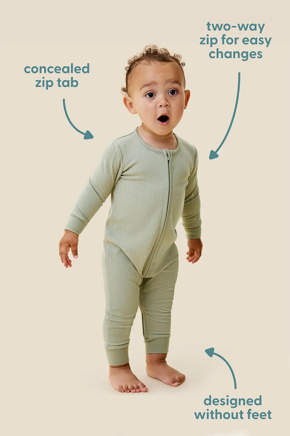 MORI Baby Unisex Ribbed Pajamas with Zip and Mitts of Viscose from Bamboo and Cotton - Jumpsuit Sleepwear for Boys and Girls