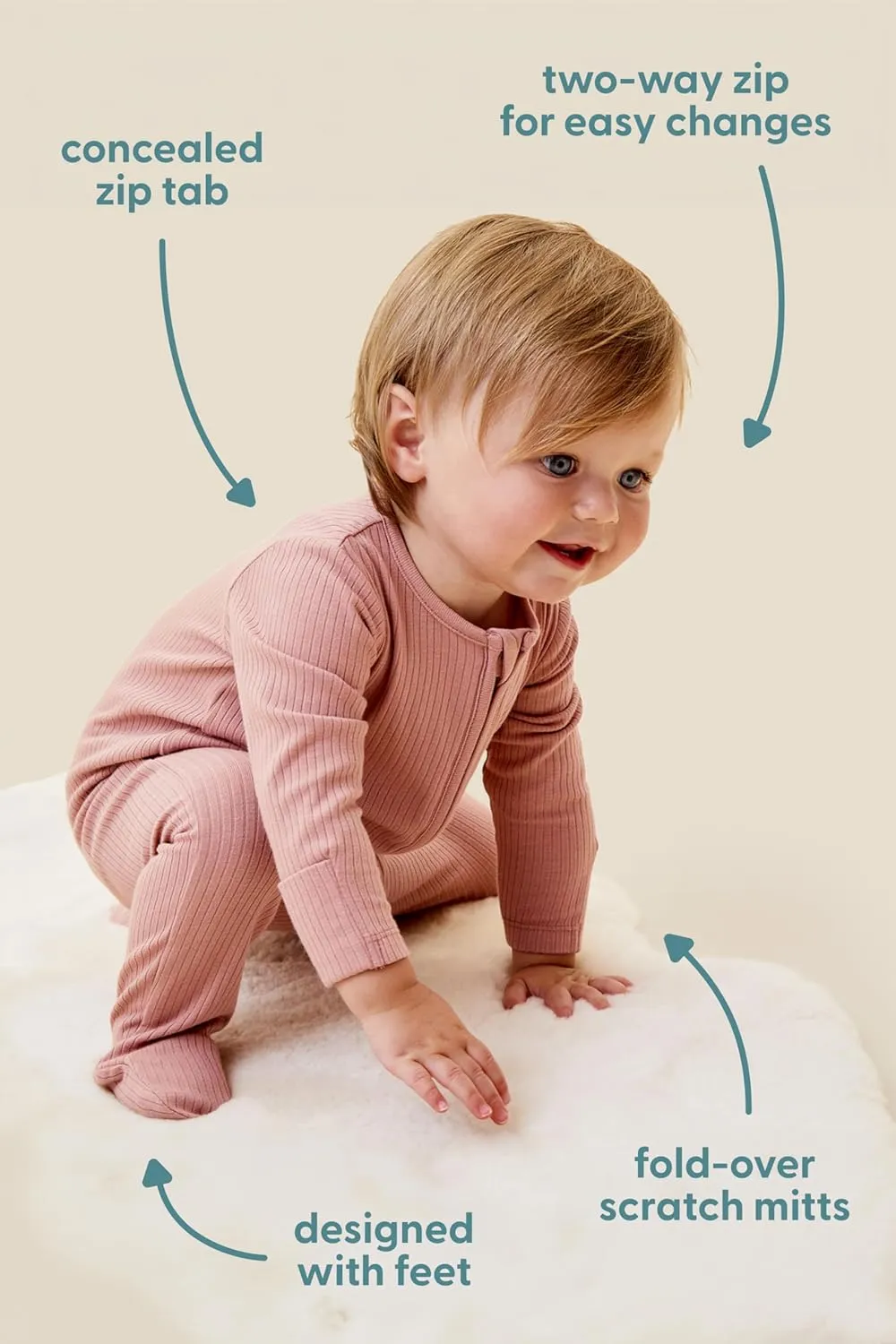 MORI Baby Unisex Ribbed Pajamas with Zip and Mitts of Viscose from Bamboo and Cotton - Jumpsuit Sleepwear for Boys and Girls