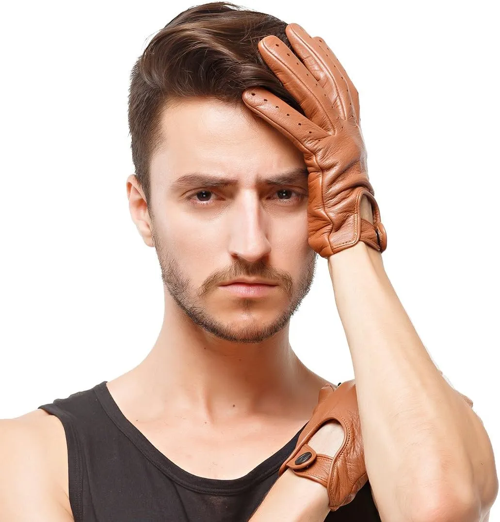 Nappaglo Men's Deerskin Leather Driving Gloves Touchscreen Full Finger Motorcycle Cycling Riding Unlined Gloves (XL (Palm Girth:9"-9.5"), Light Brown (Non-Touchscreen))