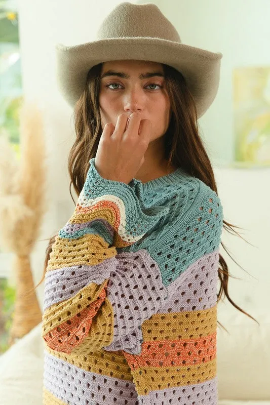 ONLINE EXCLUSIVE BiBi Wavy Hem Openwork Contrast Round Neck Sweater