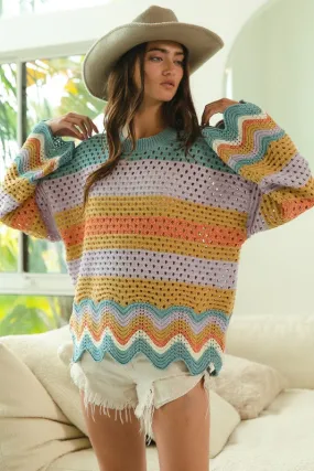 ONLINE EXCLUSIVE BiBi Wavy Hem Openwork Contrast Round Neck Sweater