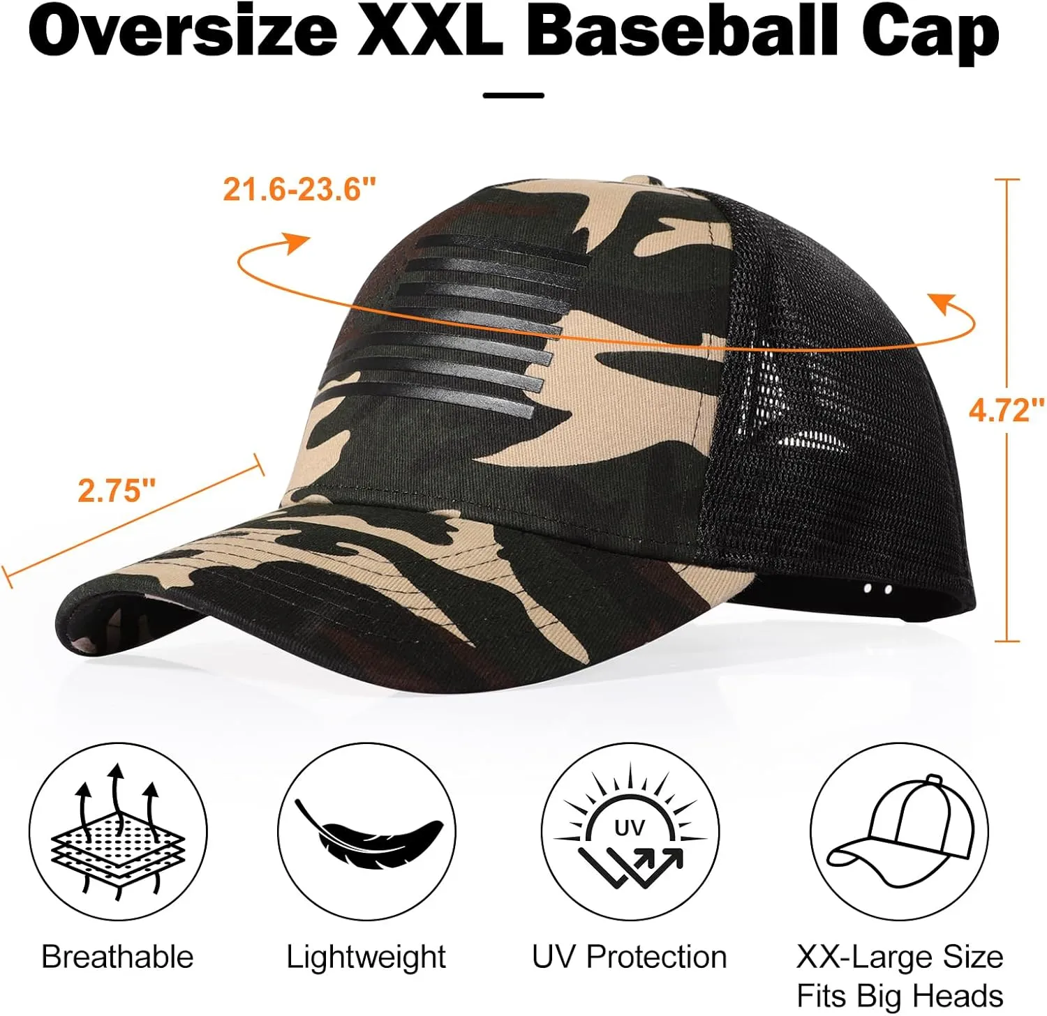 Oversize XXL American Flag Trucker Hat - Adjustable 23"-25.5" Baseball Cap - 3D Embossed Logo Mesh Snapback Hat