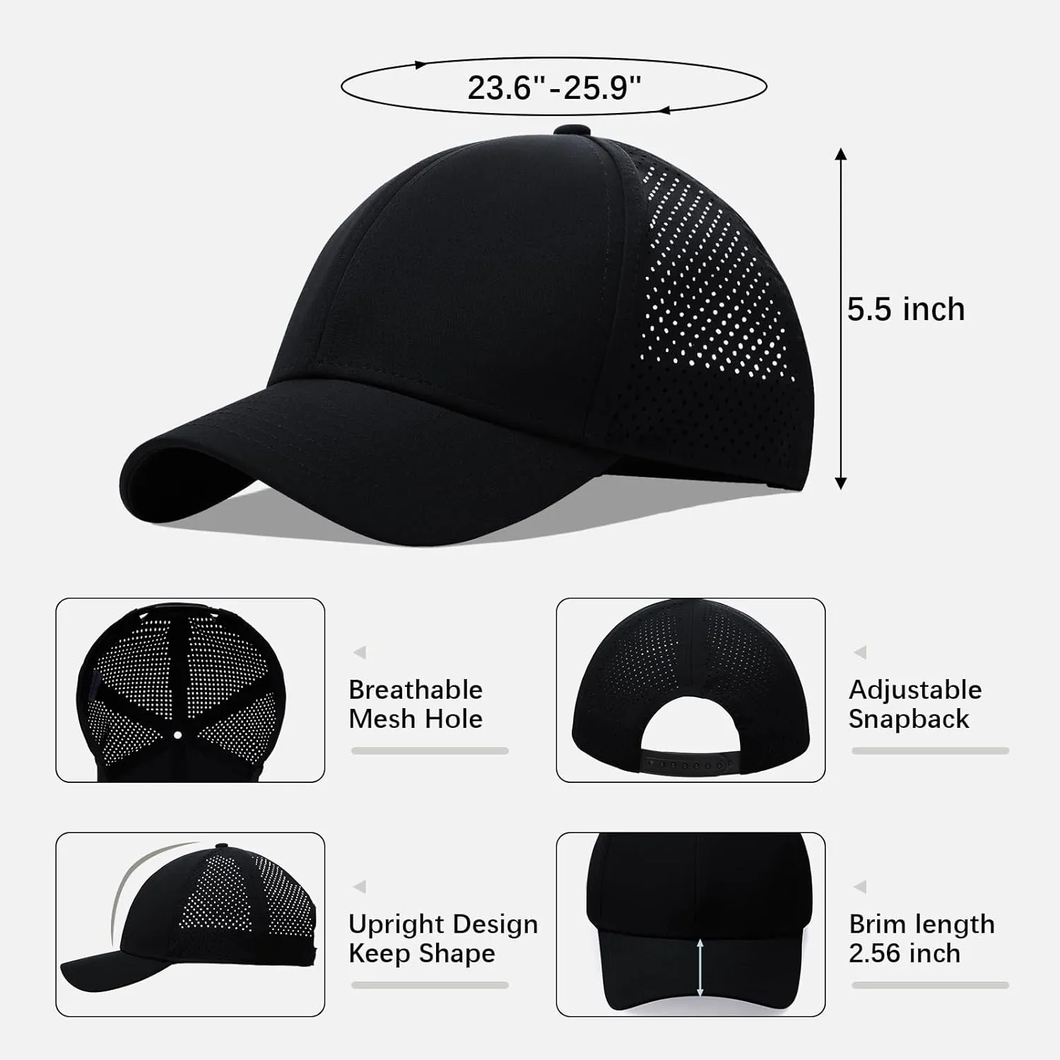 Oversize XXL Quick Dry Baseball Caps for Men, Mesh Snapback Hat for Big Head 23.6"-25.9", Unisex Outdoor Sport Hat