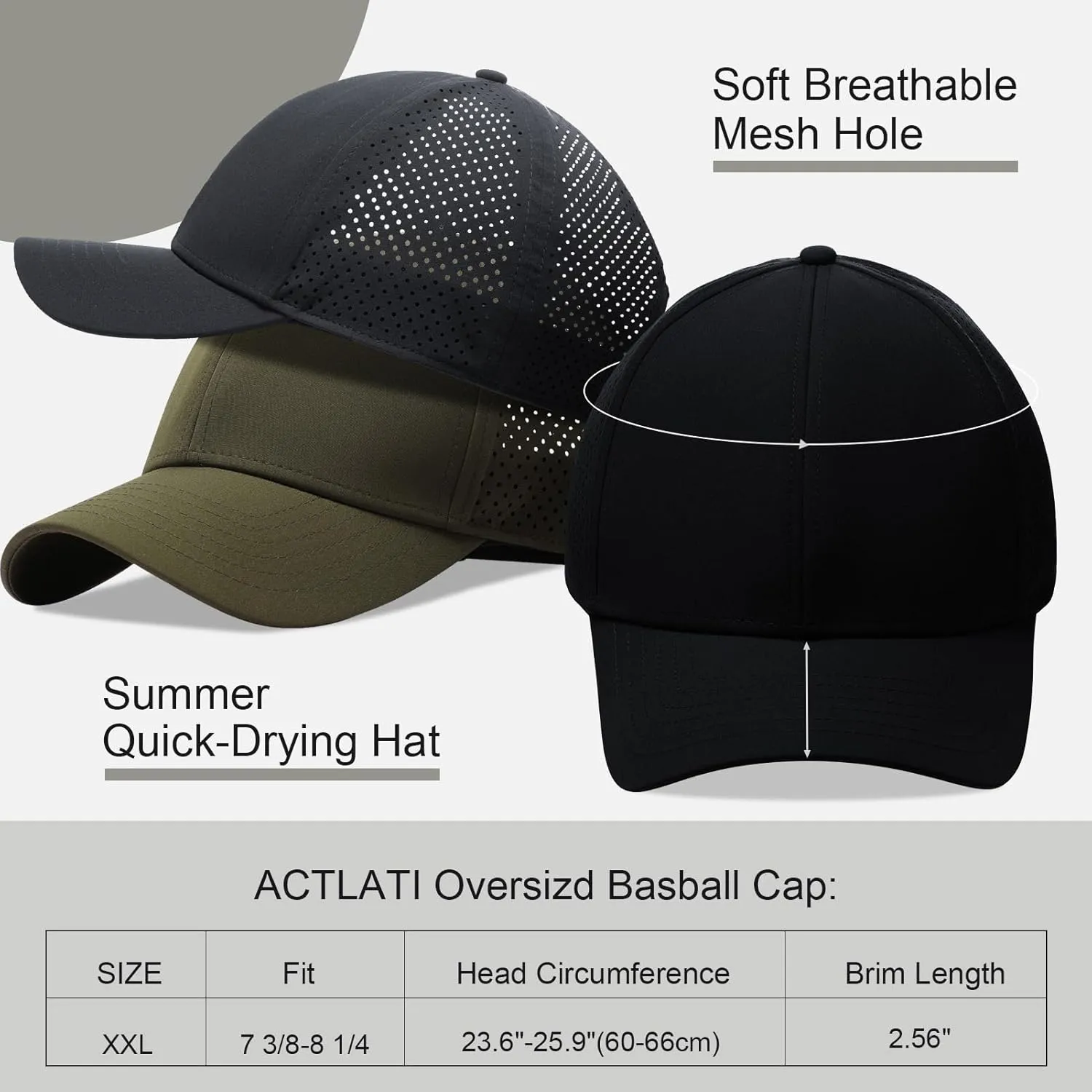 Oversize XXL Quick Dry Baseball Caps for Men, Mesh Snapback Hat for Big Head 23.6"-25.9", Unisex Outdoor Sport Hat