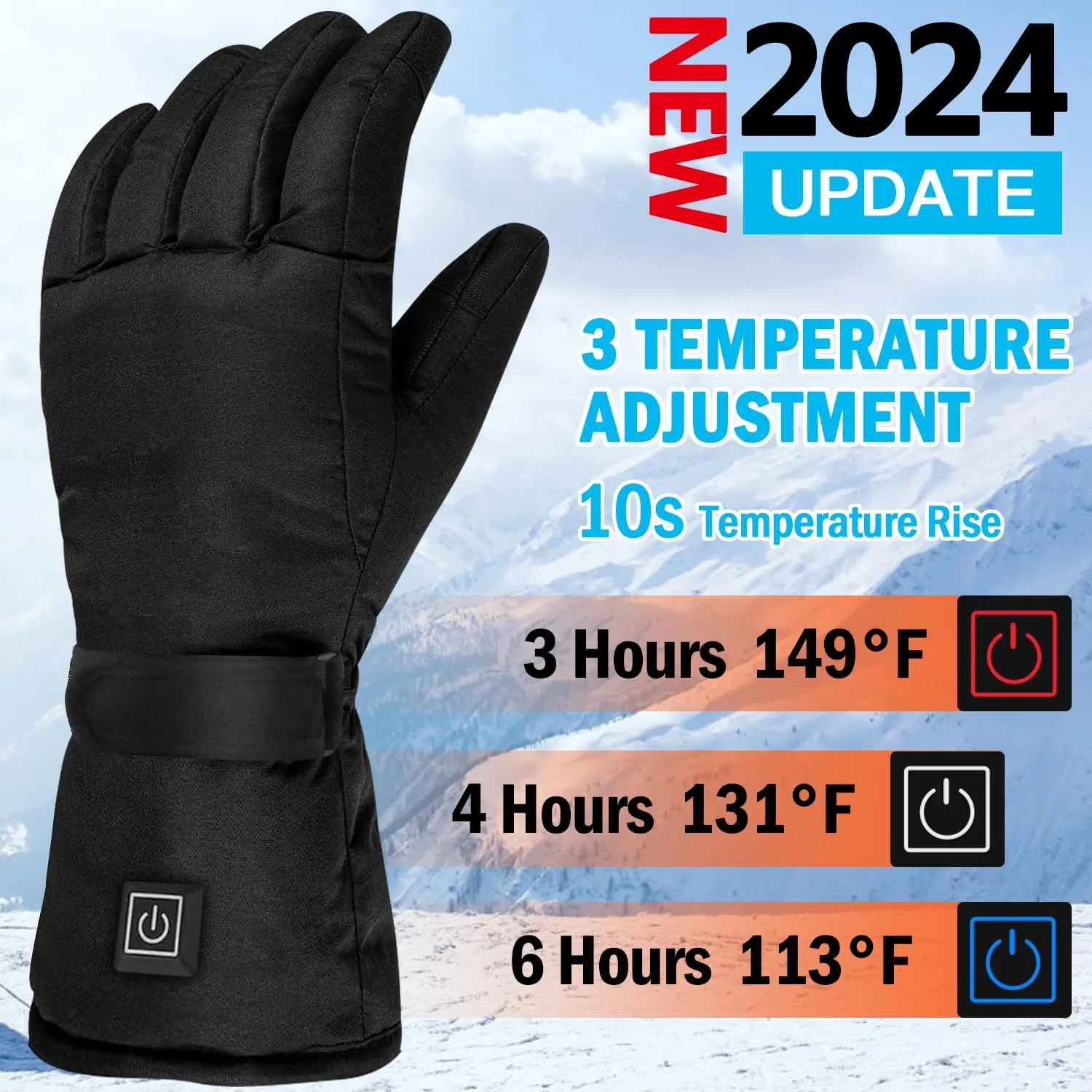 Rechargeable Heated Gloves for Men Women - 3 Heating Levels, Waterproof Winter Touchscreen Warming Gloves for Outdoor Work, Ski, Hunting, Motorcycle - Black L/XL