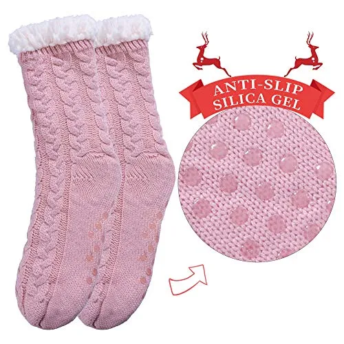 SDBING Women's Winter Super Soft Warm Cozy Fuzzy Fleece-Lined with Grippers Slipper Socks (Light Pink)