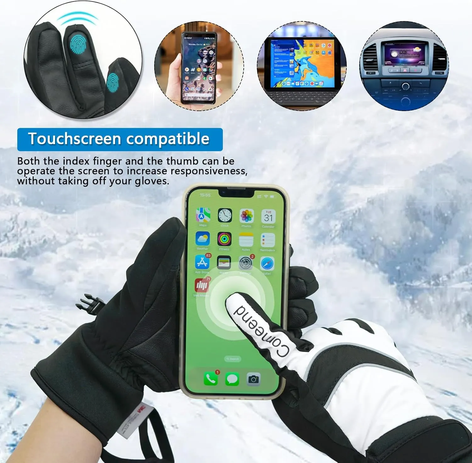 Ski Gloves Waterproof Touchscreen Snowboard Gloves, Warm Winter Snow Gloves for Cold Weather, Fits Both Men & Women