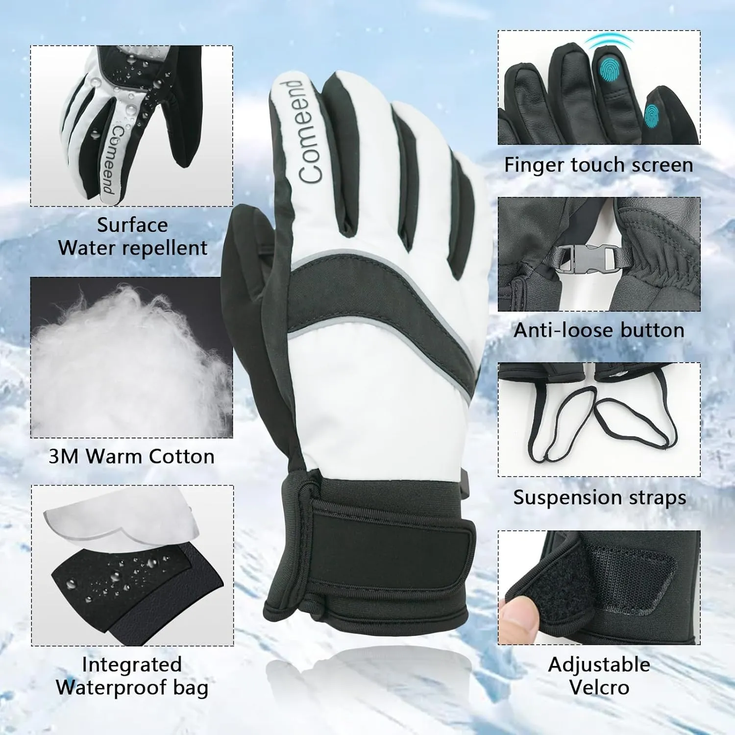 Ski Gloves Waterproof Touchscreen Snowboard Gloves, Warm Winter Snow Gloves for Cold Weather, Fits Both Men & Women