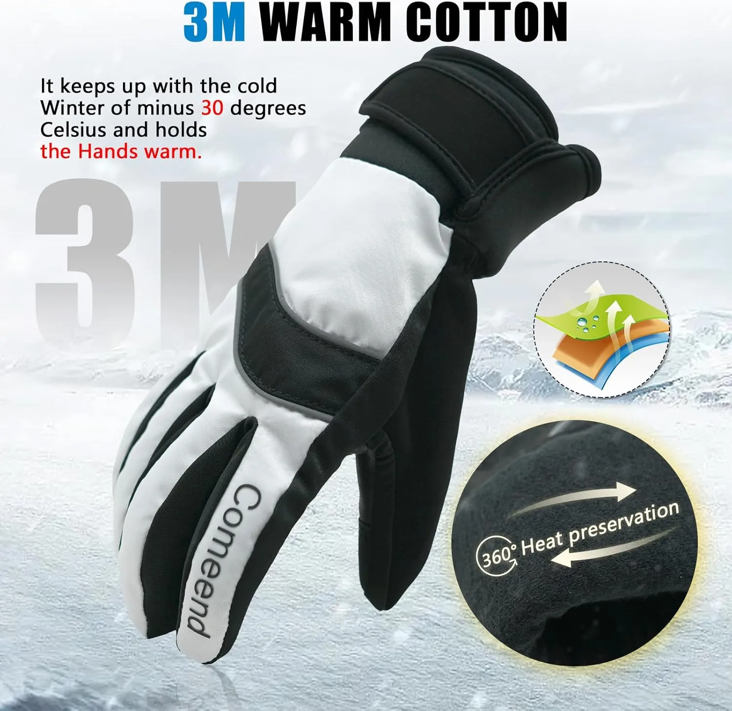 Ski Gloves Waterproof Touchscreen Snowboard Gloves, Warm Winter Snow Gloves for Cold Weather, Fits Both Men & Women