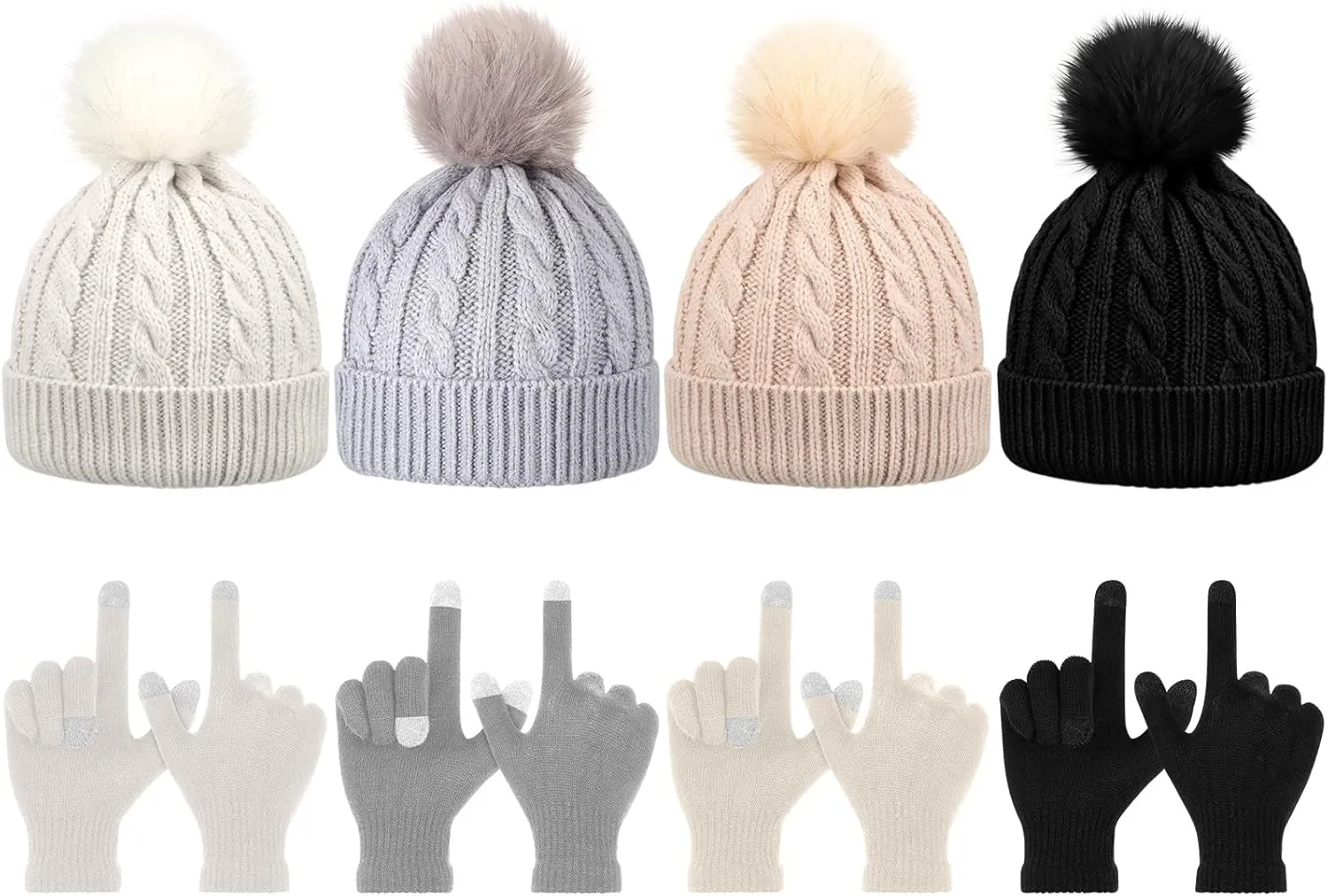 Tarpop 8 Pcs Women Winter Knitted Beanie Hat Glove Set Soft Warm Skull Cap with Pom Pom Winter Gloves Knit Gloves for Women
