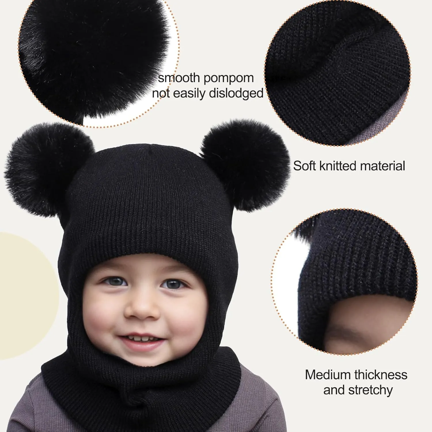 Toddler Baby Winter Hat Scarf Gloves Set Double Pompom Infant Boys Girls Beanie Hat with Warm Knitted Gloves 1-5 Years