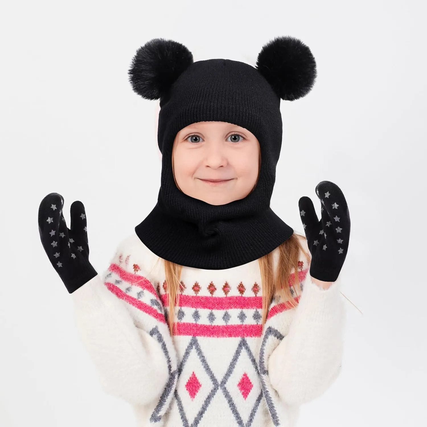 Toddler Baby Winter Hat Scarf Gloves Set Double Pompom Infant Boys Girls Beanie Hat with Warm Knitted Gloves 1-5 Years