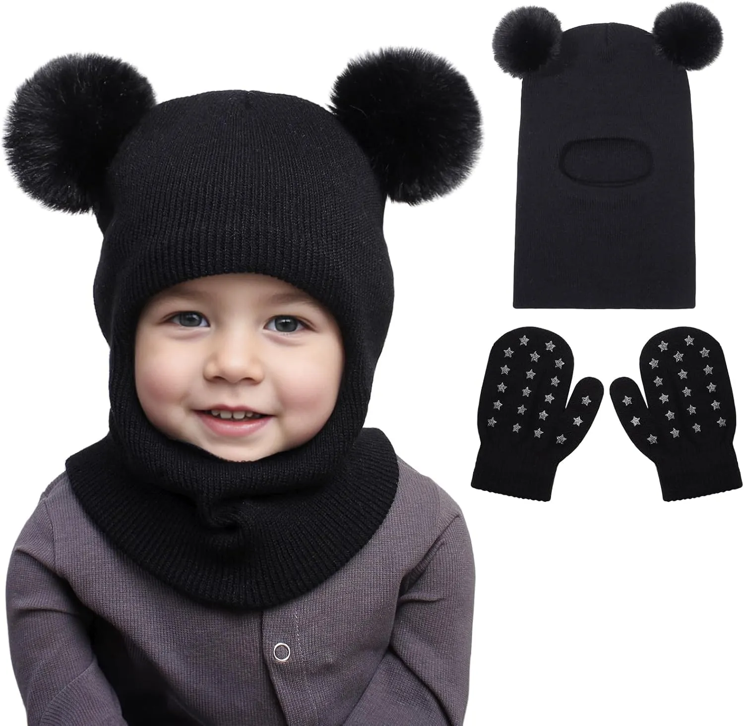Toddler Baby Winter Hat Scarf Gloves Set Double Pompom Infant Boys Girls Beanie Hat with Warm Knitted Gloves 1-5 Years