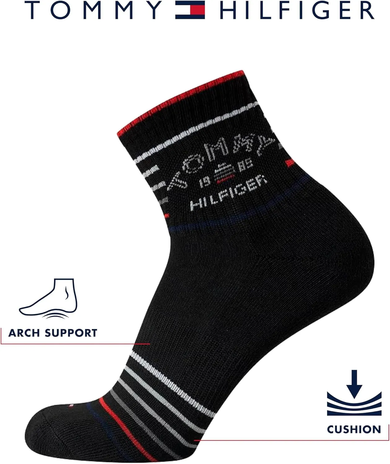 Tommy Hilfiger Mens Quarter Socks - 12 Pack Performance Stretch Cushioned Athletic Mid Crew Socks for Men (Sizes: 7-12)