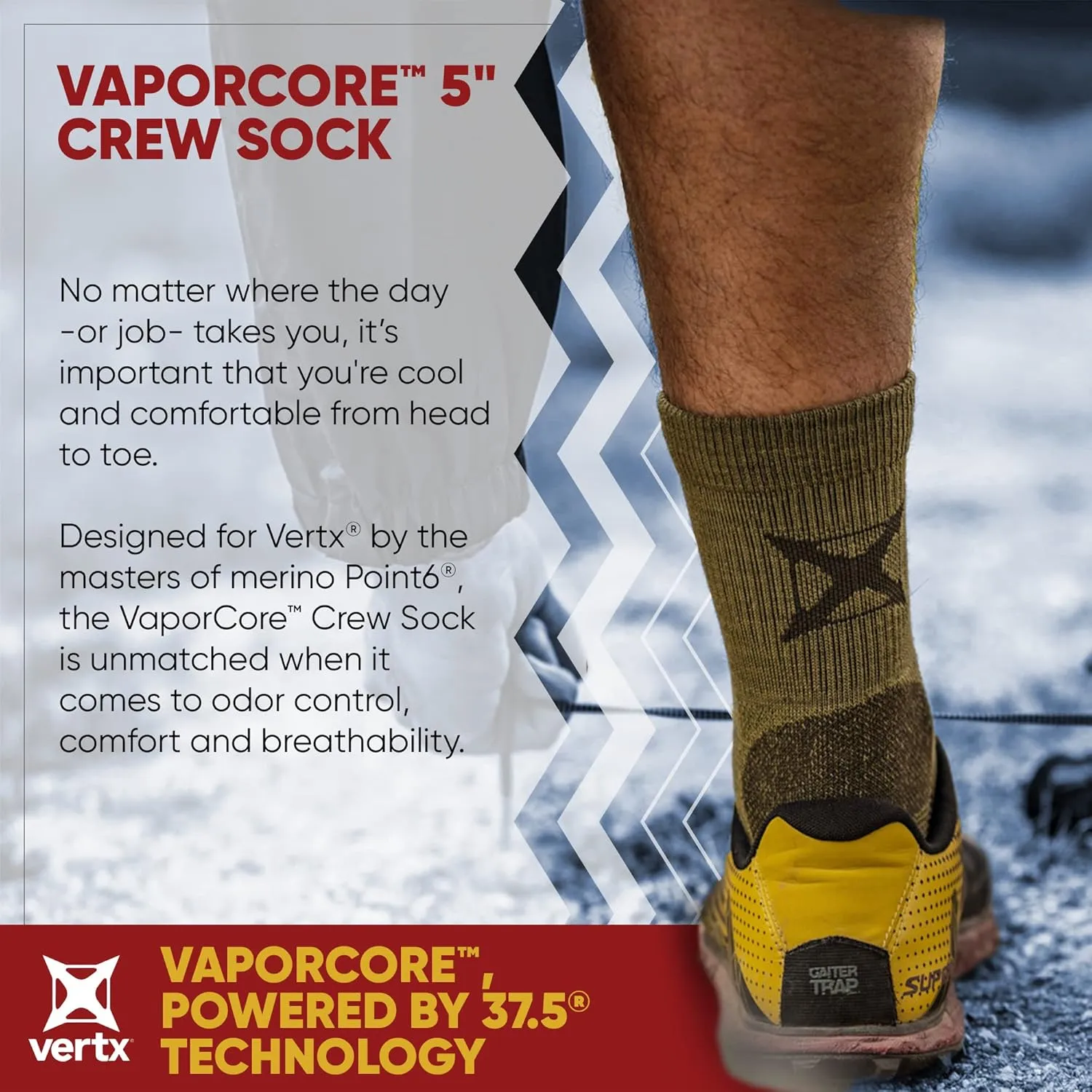 Vertx VaporCore Mens Crew Socks 5", Tactical Athletic Moisture Wicking Merino Wool Socks, Quick Drying with Odor Control
