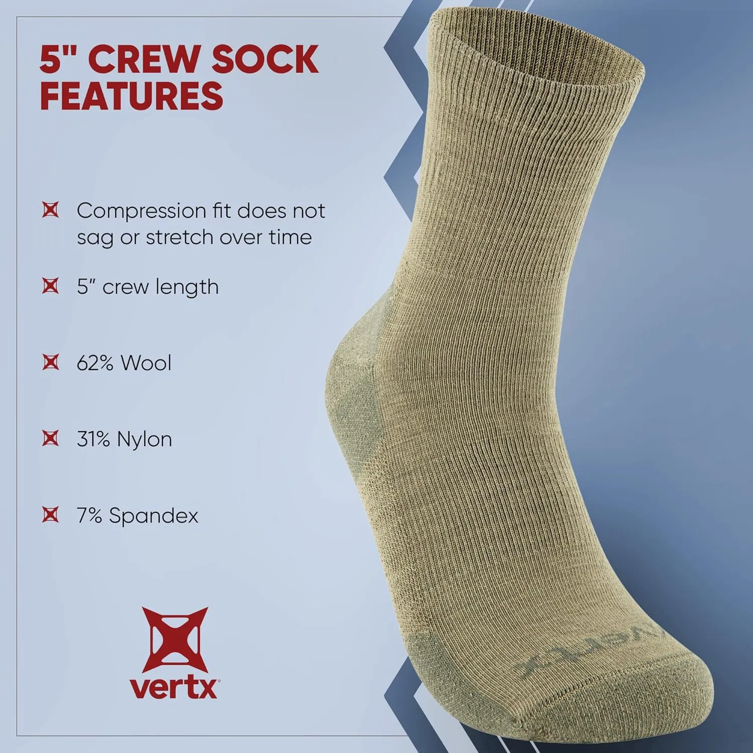 Vertx VaporCore Mens Crew Socks 5", Tactical Athletic Moisture Wicking Merino Wool Socks, Quick Drying with Odor Control