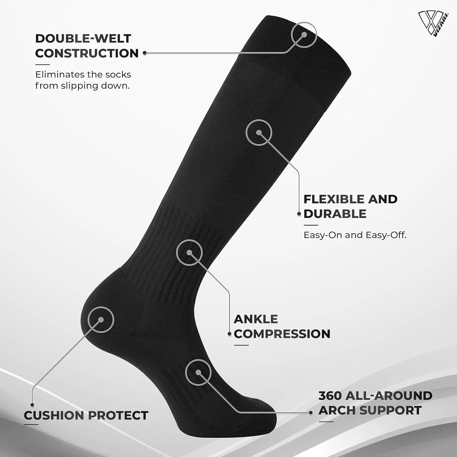 Vizari Soccer Tube Socks for Youth & Adult - Compression Socks with Cushioning Support for Football, Baseball, Rugby & Hockey
