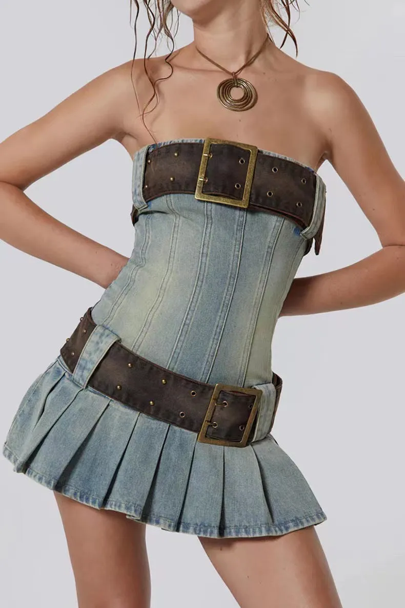 Wenkouban-Christmas Thanksgiving Gift New Year's Eve Dress party look inspos back to school dress  Buckle Belt Strapless Denim Mini Dress
