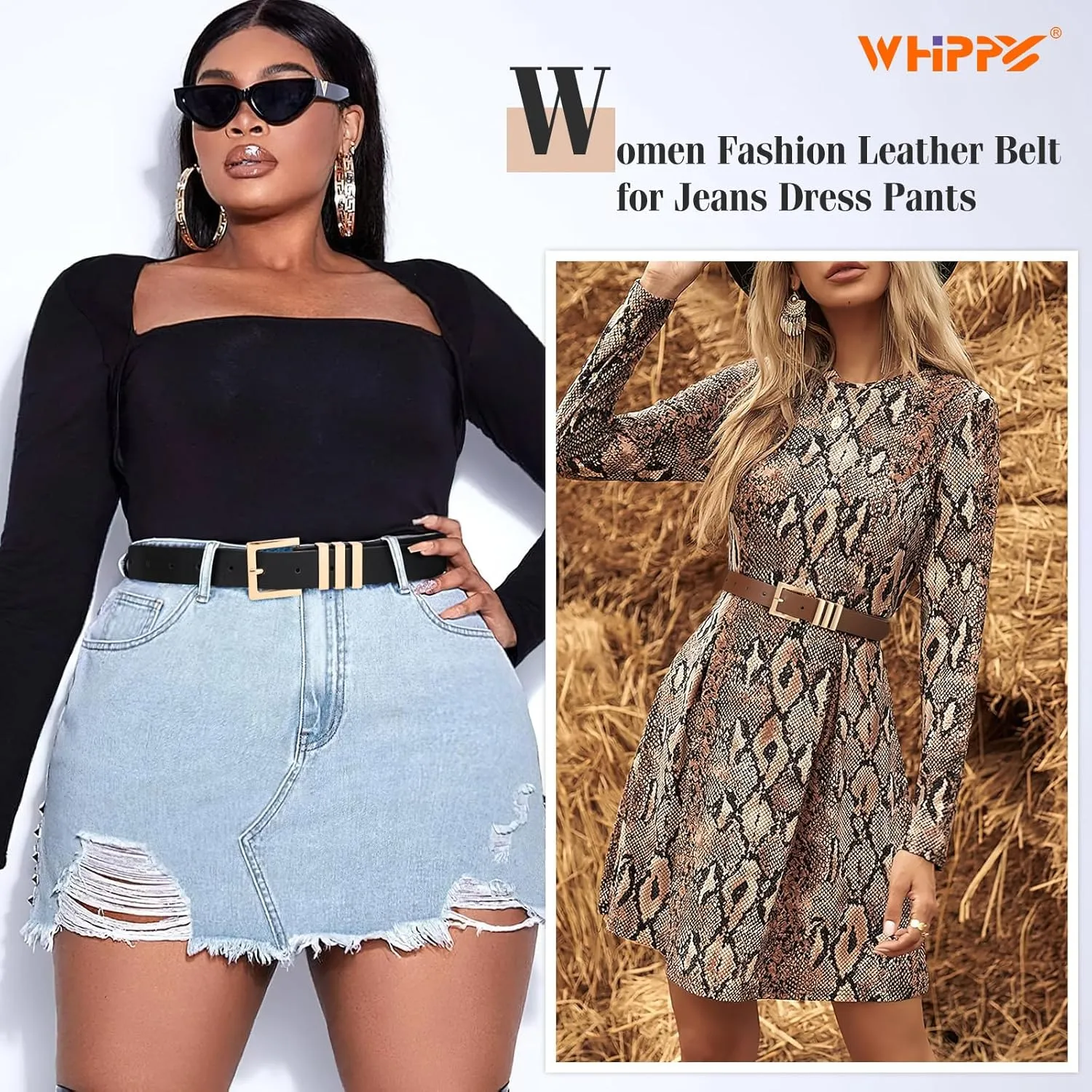 WHIPPY 2 Pack Women's Leather Belts Fashion Square Gold Buckle Ladies Belt for Jeans Pants Dress