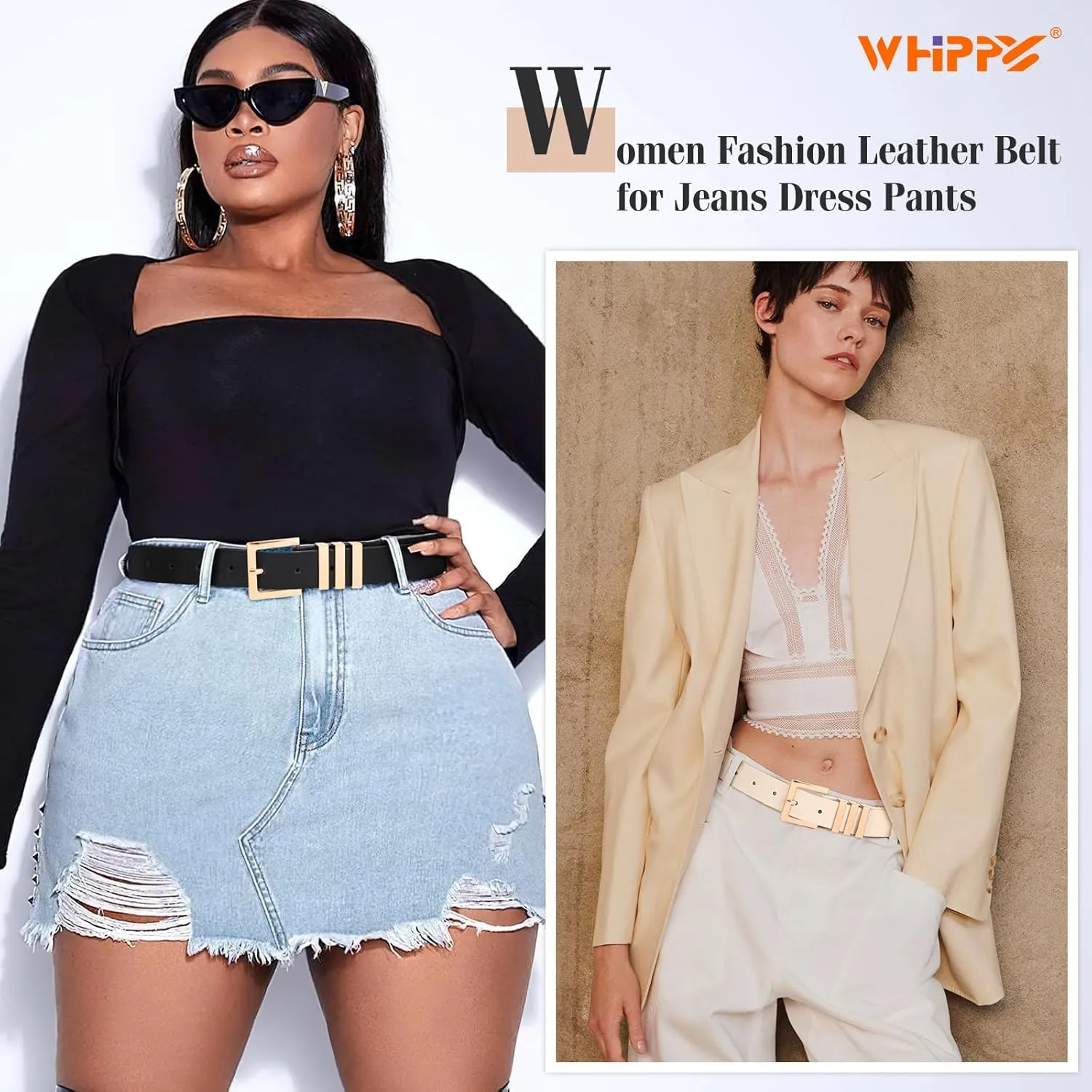 WHIPPY 2 Pack Women's Leather Belts Fashion Square Gold Buckle Ladies Belt for Jeans Pants Dress