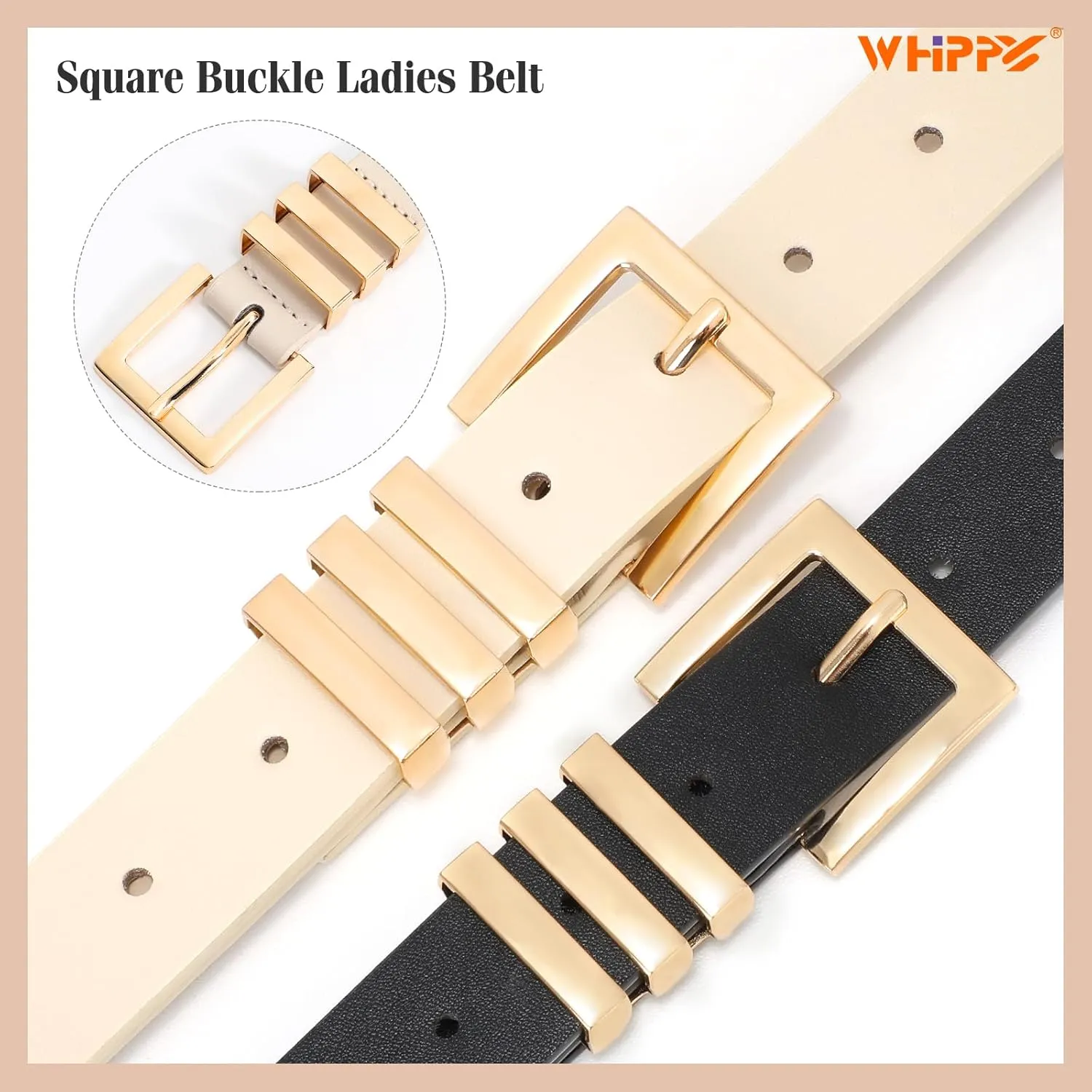 WHIPPY 2 Pack Women's Leather Belts Fashion Square Gold Buckle Ladies Belt for Jeans Pants Dress