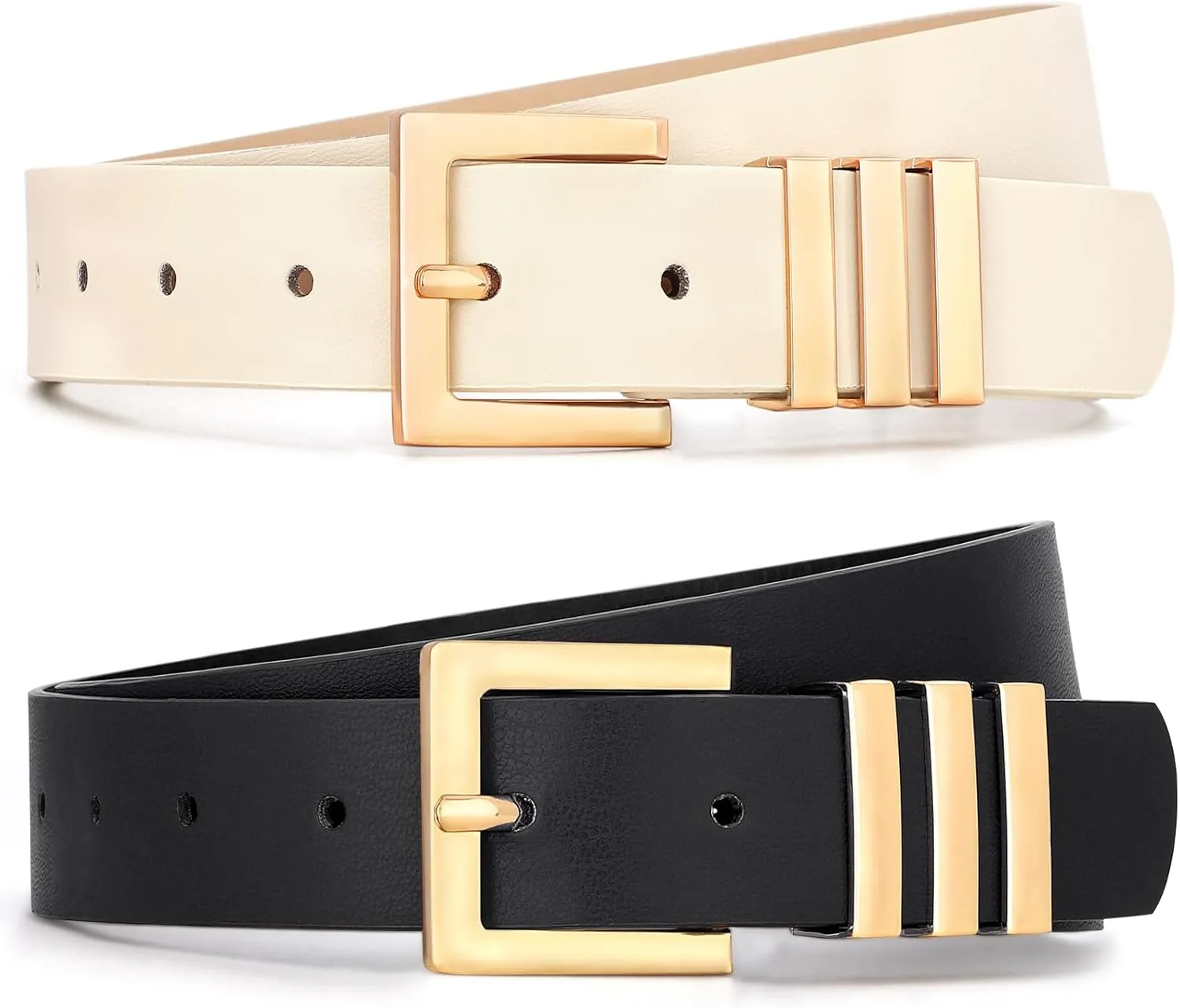 WHIPPY 2 Pack Women's Leather Belts Fashion Square Gold Buckle Ladies Belt for Jeans Pants Dress